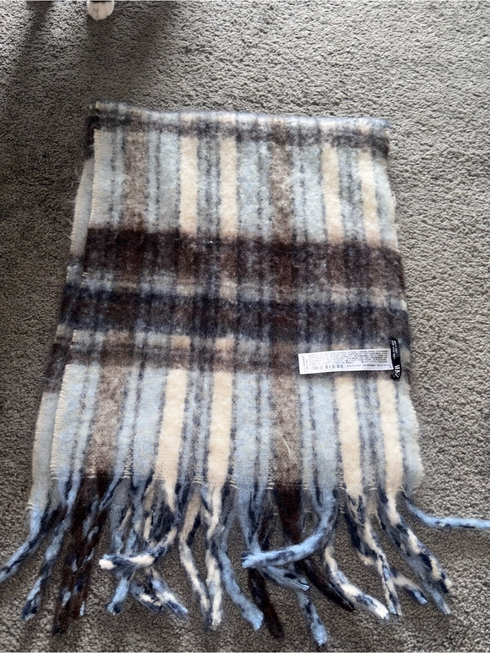 Zara Striped Fringe scarf - Blue, Brown & Cream